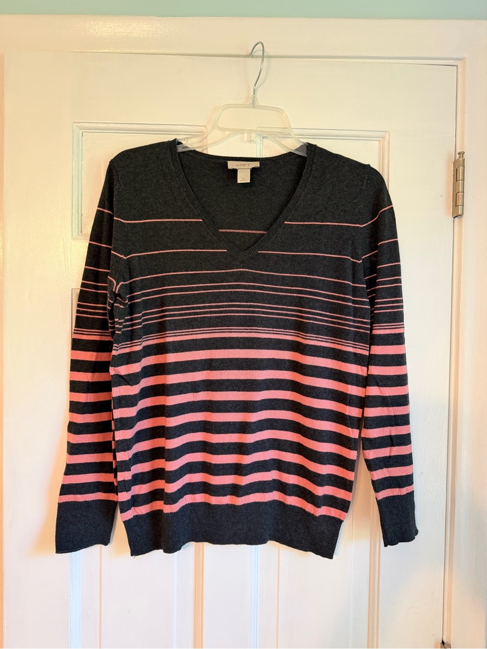 LOFT Black V-Neck Sweater with Pink Stripes
